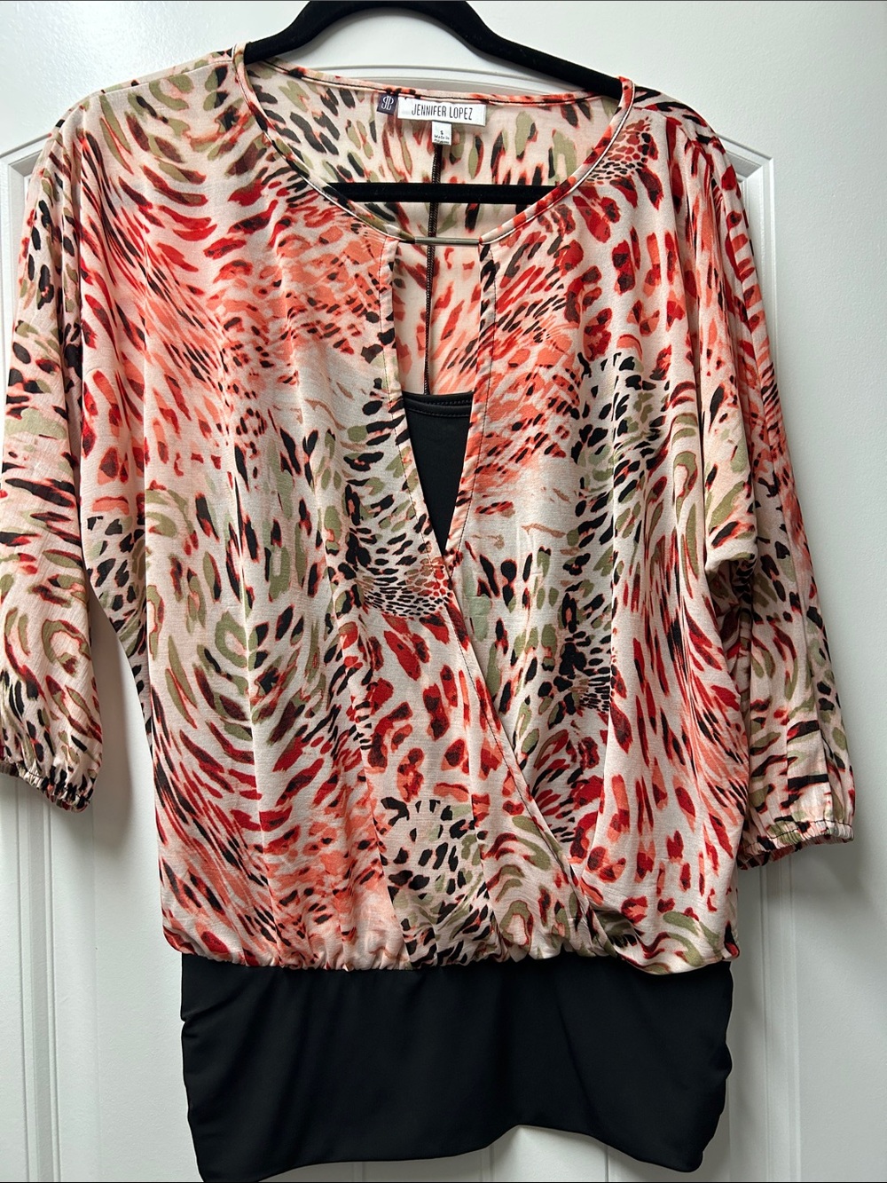 Jennifer Lopez Red Cream Leopard-Print Surplice Blouse